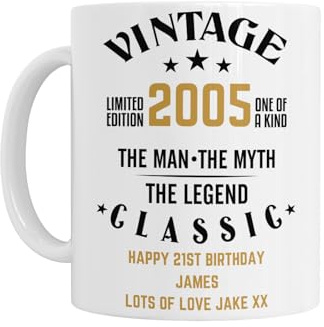 21st Birthday Gift for Him - Personalised 21st Birthday Mug, 2005 Vintage The Man The Myth The Legend Design, White Ceramic
