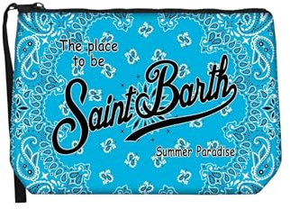 Saint Barth MC2 Borsa Pochette Aline in Scuba a Righe Celestie e Bianche con Stampa Granchi Colorati Dimensioni: 21 x 15,5 x 7 cm