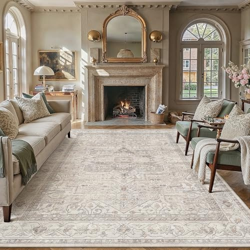 PureCozy Vintage Teppich Wohnzimmer 200x300cm Beige Waschbar Carpet Rug | Waschbarer Retro Teppich,Weich,Rutschfest Kurzflor,Groß,für Wohnzimmer,Schlafzimmer, Esszimmer,Büro,Carpet,Teppiche