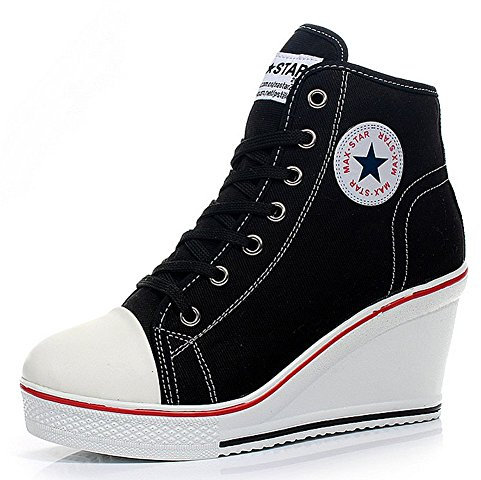 wealsex Mujer Cuñas Zapatos De Lona High-Top Zapatos Casuales Encaje Talla Grande (Negro,35)