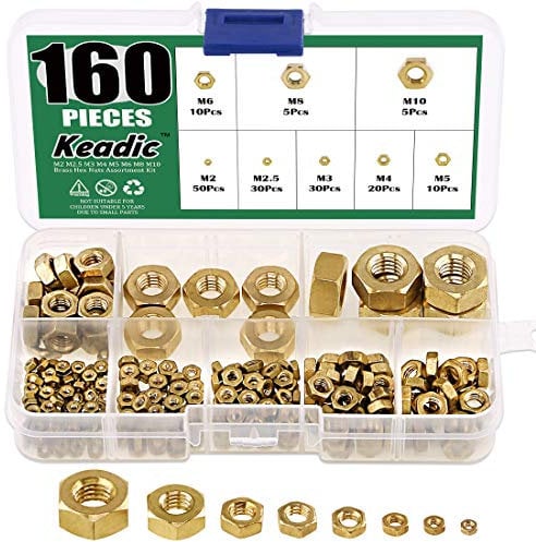 Keadic 160Pcs Brass Hex Nuts Assortment Kit, Full Finished Metric M2 M2.5 M3 M4 M5 M6 M8 M10
