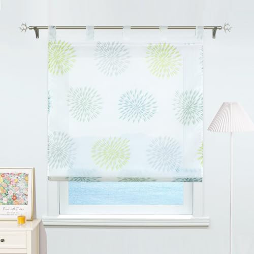 ESLIR Raffrollo mit Schlaufen Gardinen Küche Raffgardinen Transparent Schlaufenrollo Vorhänge Kreis-Motiven Modern Voile Grün BxH 120x140cm 1 Stück