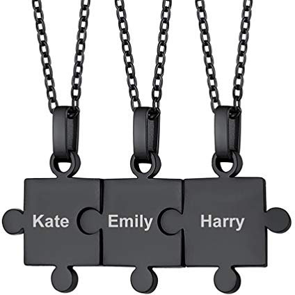 PROSTEEL personalisiert Puzzle Ketten schwarz Edelstahl 3er Puzzle-Teil Anhänger mit 50+5cm Kette Freundschaft Partnerschaft Namen Gravur Schmuck Accessoire für Weihnachten Geburtstag
