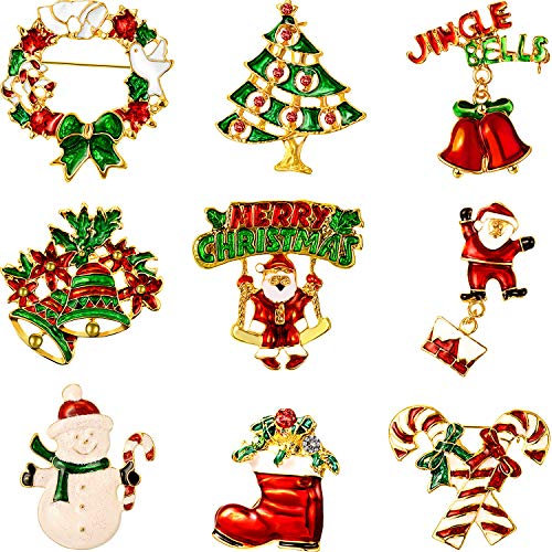 Hicarer 9 Pieces Christmas Brooch Pins Set with Rhinestone for Women, Crystal Cute Pins Snowman Bells Christmas Trees Jewelry for Xmas Decorations