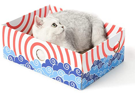 Conlun Rascador para Gatos con Caja, Duradero Rascador Gato de Cartón, Doble Cara, Agujeros Interactivos, Diseño Antisuciedad, Juguete para Gatitos (1 Unidad, Mediano, Rojo)