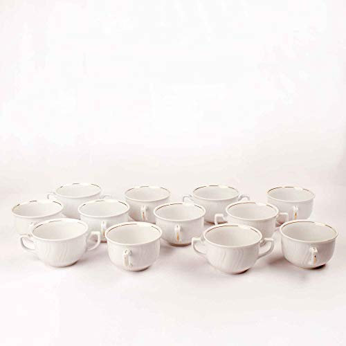 FranquiHOgar | Tazones de consomé de porcelana blanca, asas grandes con filo de oro y bordes ondulados para 12 | 12 tazas y 12 platos | 24 piezas | Modelo LUBECK | Menaje Mesa