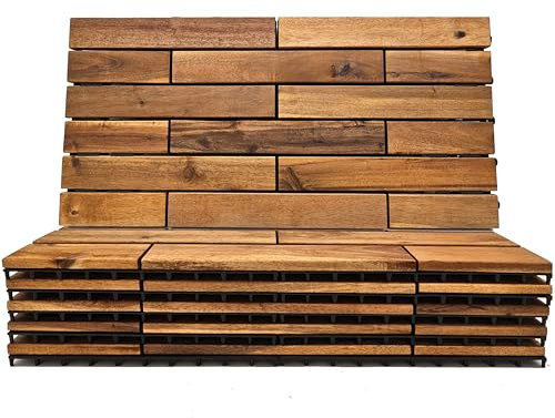 Interlocking Deck Fliesen 24 x 12 Lange Bretter – zusammensteckbare Holzböden 6 Stück | Akazie Hartholz Outdoor Bodenbelag für Terrasse | Bodenbelag Fliesen Wasserdicht Balkonboden Holzparkett