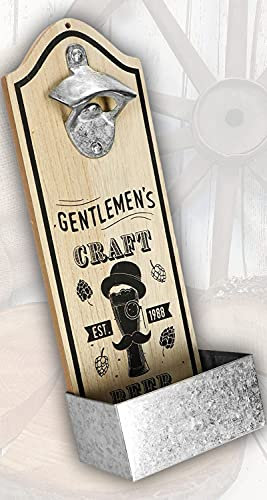 Wandflaschenöffner - Gentlemens Craft - Flaschenöffner für die Wand | Bieröffner mit Auffangbehälter für Kronkorken im Retro Vintage-Design