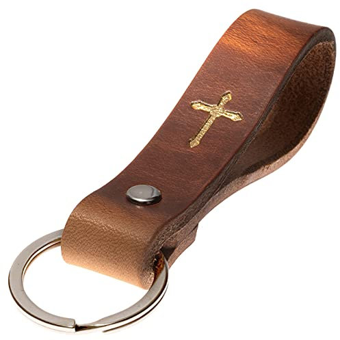 ELBERCRAFT® Schlüsselanhänger Leder Kreuz Kruzifix der Schlüssel Organizer für deine Schlüsseltasche keychain made in Germany braun Gravur gold