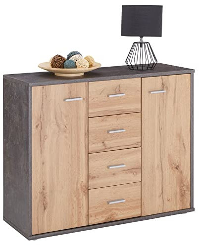 CARO-Möbel Sideboard Jamie mit 2 Türen und 4 Schubladen, Moderne Kommode Büromöbel in Beton dunkel/Wotan Eiche