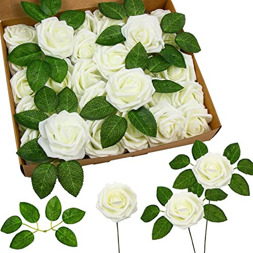 DERAYEE 25 PCS Artificial Roses, Foam Roses Flowers DIY Flower for Wedding Bridal Bouquets Home Party Garden Decorations (Cream)