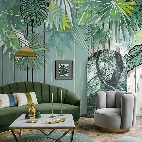 KEYESMINER Papier Peint Photo Mural Feuilles tropicales de grain de bois vert Peinture Murale 3D Photo Poster Tableaux Muraux Salon Chambre Bureau Couloir Mural Décoration, 350 cm x 256 cm
