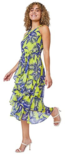 Roman Originals Women Halter Neck Frill Midi Dress - Ladies Special Occasion Evening Party Wedding Guest Print Ruffle Detail Sleeveless Round Neck Dresses - Lime Navy - Size 18