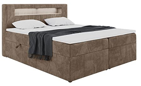 MEBLINI Boxspringbett mit Bettkasten - Bett mit LED Kopfteil - Gepolstert Doppelbett mit Matratze und Topper - Polsterbett mit Stauraum - Stauraumbett - ASPIN - 180x200 - H4/Braun Samt