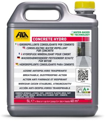 FILA Surface Care Solutions, CONCRETE HYDRO, Protettivo Idrorepellente per Cemento ad effetto Consolidante, Impermeabilizzante Trasparente ad Effetto Naturale, Adatto ad Uso Interno ed Esterno, 5L