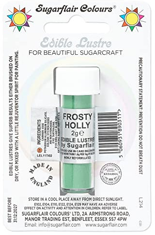 Sugarflair Frosty Holly Edible Lustre Dust (E171 Free), Add a Lustrous Shine to Cakes or Decorations. Brush On or Add Rejuvenator to Create Eye-Catching Edible Paint- 2g