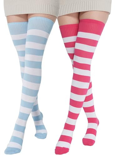 BABAHU Extra lange Damen-Socken, Baumwolle, gestreift, Oberschenkelhohe Socken
