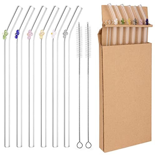Glass Straw - 6pc Set, Bent Straws, 2 Cleaning Brushes, Clear with Flowers, Perfect for Smoothies, Juice & More