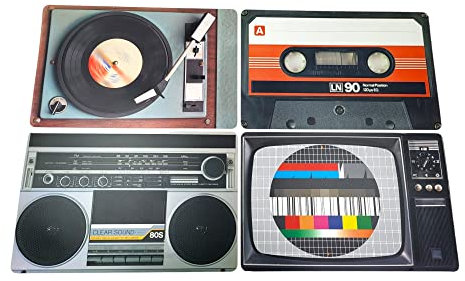 BUSDUGA 4210 4er Set Untersetzer im Retro Look, 43x28,5cm, Nostalgische Tischsets HiFi Geräte