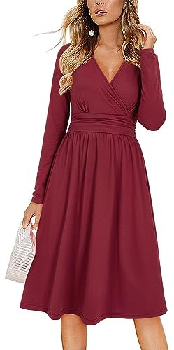 OUGES Kleid Damen Herbst V-Ausschnitt Langarm Kleider Herbstkleid Knielang Winterkleid Midi mit Taschen, XXL