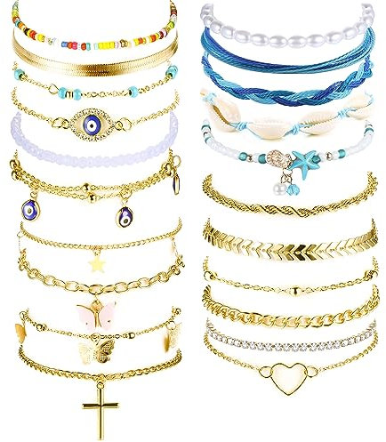 Dochais 21 Stück Boho Armbänder Geflochten, Armbander für Damen, Beach Armbänder, Strand Armbänder Set, 14 Karat Vergoldet Armkette Kettenarmbänder Verstellbar Sommer-Strand-Schmuck für Damen Mädchen