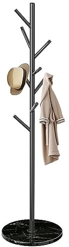 OIRUMIE Garderobenständer mit natürlichem Marmorsockel, Metall, freistehende Garderobenständer, robuster Garderobenständer mit 8 Haken zum Aufhängen von Schal, Tasche, Jacke, schwarzer Kleiderständer