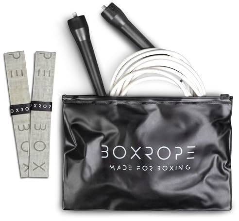 BOXROPE Springseil für Boxen, verhedderungsfrei, 15 % schwerer als ein normales PVC-Seil, verstellbar, inklusive Griffbändern für mehr Halt, Premium-Qualität (weiß (bis zu 1,88 m))
