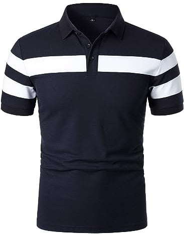 HOOD CREW Men’s Short Sleeve Polo Shirt Striped Casual Tops Contrasting Colors T-Shirt Navy
