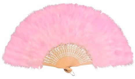 MultiValue Feather Folding Hand Fan 45cm, Vintage Chinese Fan, Soft Fluffy Feathers, Perfect for Stage Performances, Parties, Photo Shoots, Weddings, Events (Pink)