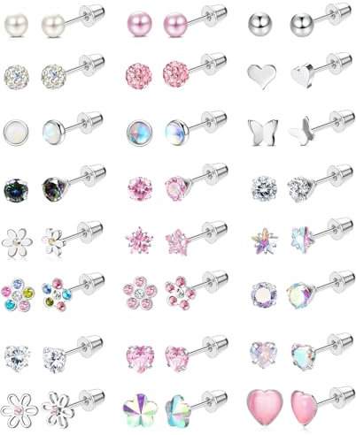 JeweBella 24 Paar Kleine Ohrringe Mädchen Chirurgenstahl Niedliche Zirkonia Herz Blume Schmetterling Perlen Ohrringe Set Mehrfarbige Hypoallergene Ohrstecker für Kinder Damen
