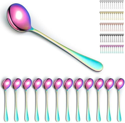 Kyraton Rainbow Soup Spoons 12 Pieces, Stainless Steel Titanium Colorful Plating Round Stainless Steel Bouillon, Dishwasher Safe