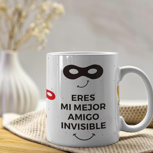 HappyMots Taza regalo Amigo Invisible | Hechas en Cerámica de Calidad | Tazas Desayuno | Apta Para el Microondas y el Lavavajillas | Tazas divertidas | Regalo amigo invisible