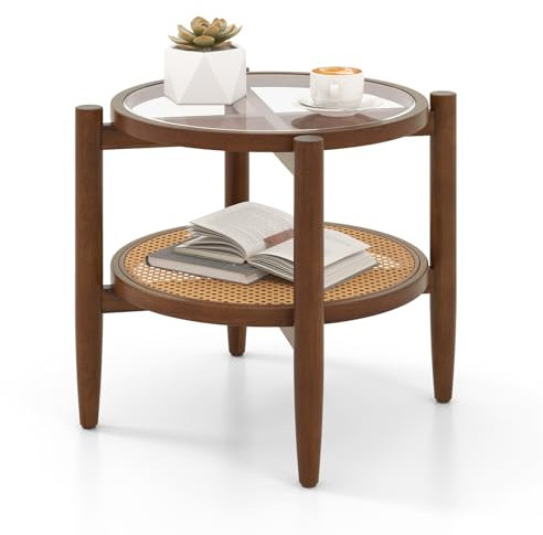 LIFEZEAL Beistelltisch aus Massivholz, Moderner Glastisch Wohnzimmertisch mit 2 Ebenen, Runder Couchtisch für Wohnzimmer & Schlafzimmer, 56 x 56 x 46 cm, Braun