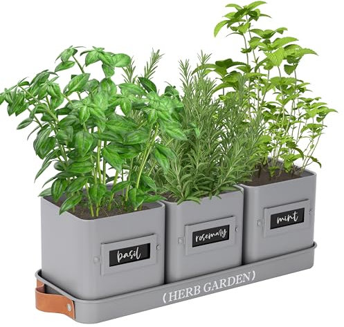 PERFNIQUE Jardinière d'intérieur avec plateau, pots de fleurs d'intérieur de ferme, jardin d'herbes aromatiques avec drainage (pot de fleurs uniquement) pour intérieur/extérieur, pots de fenêtre (gris