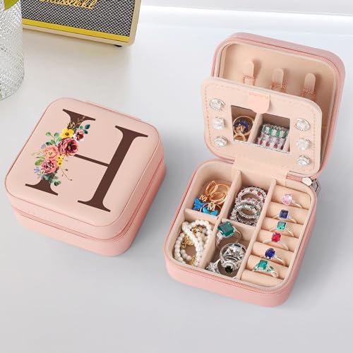 TINGN Initiale Schmuckschatulle mit H und Blume Reise Schmuckkästchen Kleine Personalisierte Schmuckkästchen für Damen Mädchen Geschenk für Geburtstage Weihnachten Muttertag Hochzeit