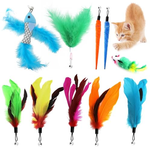 YAOSHENGUP 10 Stück Katzenspielzeug Feder Katzenangel Ersatzfedern Anhänger Federn mit Glocken Interaktives Katzenspielzeug Feder Cat Feather Toys Ersatz Katzenspielzeug Set für Kätzchen und Katzen