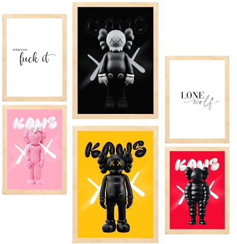 Nacnic 6er-Set Kultige Kaws farbenfroh Gerahmtes Poster mit Design-Illustrationen zur Dekoration der Wände Ihres Zuhause Zimmer Büro Laden Malerei A3 & A4 Leichter Holzrahmen