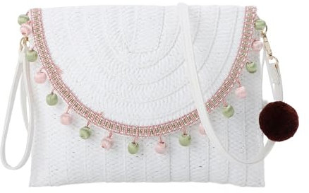 EVEOUT Pochette en Paille Tissée pour Femmes été Clutches Sac à Main en Paille Tressée avec Bandoulière et Pompons pour Parti Mariage Plage Vacances(Blanc Balle)