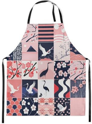 Homewish Japanische Art Schürze Weiß Schwarz Kranich Chef Schürze Kirschblüten Küchenschürze 78x66 (LxW) für Keramik Geometrische Plaid Kochschürze