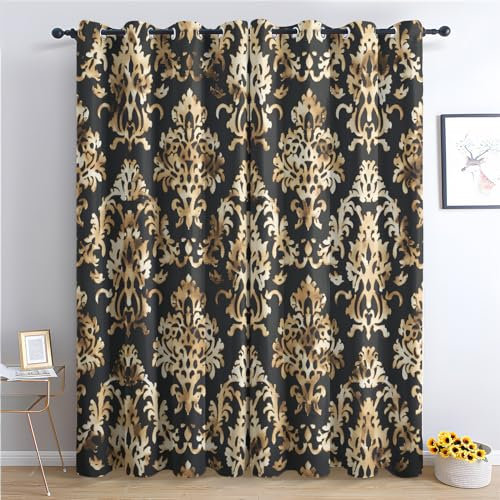 Generisch Vorhänge Damast - Schwarz Gold Barock Fenster Gardinen mit Ösen, Vorhang Blickdicht Verdunklungsvorhänge Thermovorhang für Wohnzimmer Schlafzimmer Deko 2er Set, H 166 x B 75 cm W-#346