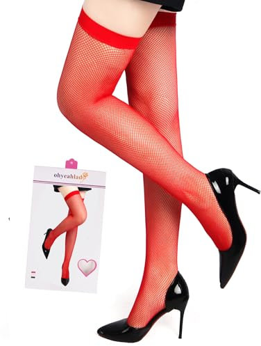 ohyeahlady Medias Rejilla Mujer Autoadhesivas Con Silicona Talla Grande Pantimedias Elástico Calcetines Encaje Fiestas Hasta el Muslo Stockings Overknee Elásticos Lencería de Red en Caja Rojo,L-XXL