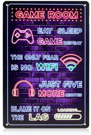 Neon Video Game Metal Sign - Colorful Printed Gaming Room Wall Art Accessories - Gamer Bedroom Wall & Door Decorations