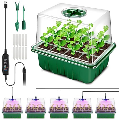 LUFEIS Mini Serre pour Semis, 5 Pièces 60 Cellules Intérieure Plateau Semis, Mini Serres de Culture Intérieur avec Lumière, Mini Serre Chauffante avec Ventilation, pour La Germination des Graines