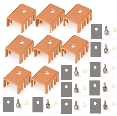 Easycargo Kit di 10 dissipatori di calore TO-220 in rame + viti di montaggio isolanti per LM317 LM317t L7805 L7812 regolatore di tensione, IRFZ44N 3205 520N 630 1404 MOSFET transistor (19 mm x 14 mm x
