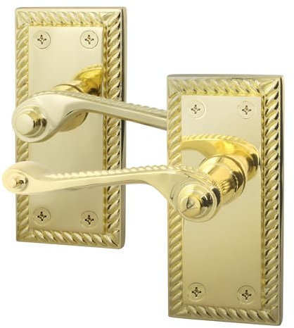 EAI Polished Brass Georgian Scroll Door Handles - 1 Pair of Internal Lever Latch Handles on Backplate - Rope Design