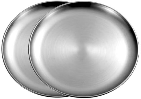 AUSHOPLAH Set di 2 piatti piani in acciaio inox, 30 cm, per insalata, in metallo, per pizza e pasta, rotondi, E02 (2 pezzi, argento, 30 cm)