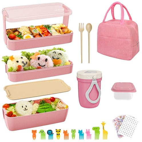 Bento Lunch Box 900ml, 3 Couches Lunchbox pour Pique-Nique Travail Bureau, Boîtes Bento Micro-ondes Boite Lunch Enfant Lunch Box Adulte (Rose)