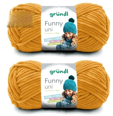 Gründl Wolle Funny uni Chenille Wolle 2 Knäuel 100 g, Senf | dicke weiche Chenille Wolle zum Häkeln - Kuschelig und hautfreundlich - 100 % Polyester - 100 g / 120 m - Nadelstärke 5 - 6
