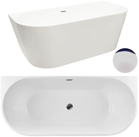 Freistehende Wandbadewanne AquaUno 160x75 cm Weiß, Ablauf Chrom | 3,5 mm Sanitäracryl; glasfaserverstärkt mit Edelstahlrahmen; Klick-Klack-Garnitur, Siphon und 6 verstellbare Füße