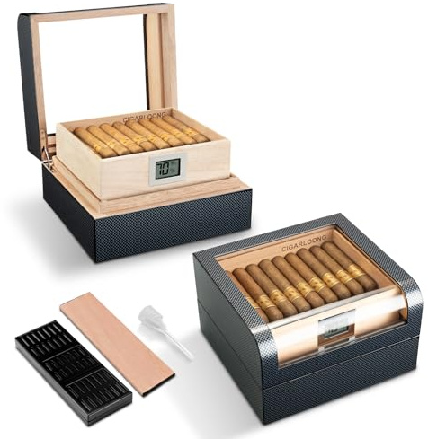 Zigarren Humidor aus Zedernholz, Zigarrenbox mit Hygrometer und Luftbefeuchter, Doppelraum Zigarrenkiste Große Kapazität für 60-70 Zigarren mit Transparent Gebogene Glass Top (Schwarz)